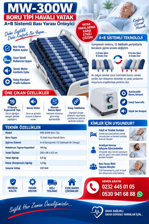 MW-300W A+B sistemli boru tipi havalı yatak. 19 hava kanallı boru, 140 kg taşıma kapasitesi, sessiz kompresör ve 12 dakikalık döngü ile etkili dekübitus engelleme.