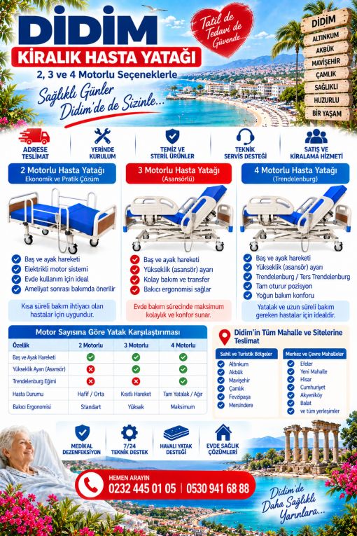 Didim'de 2, 3 ve 4 motorlu kiralık hasta yatakları. Yazlık ve evde bakım süreçlerinde adrese hızlı teslimat, sterilizasyon ve uzman kurulum hizmeti.