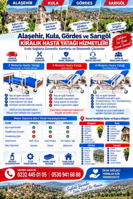 Alaşehir, Kula, Gördes ve Sarıgöl ilçelerinde 2, 3 ve 4 motorlu kiralık hasta yatakları. Adrese teslimat, medikal dezenfeksiyon ve uzman kurulum.