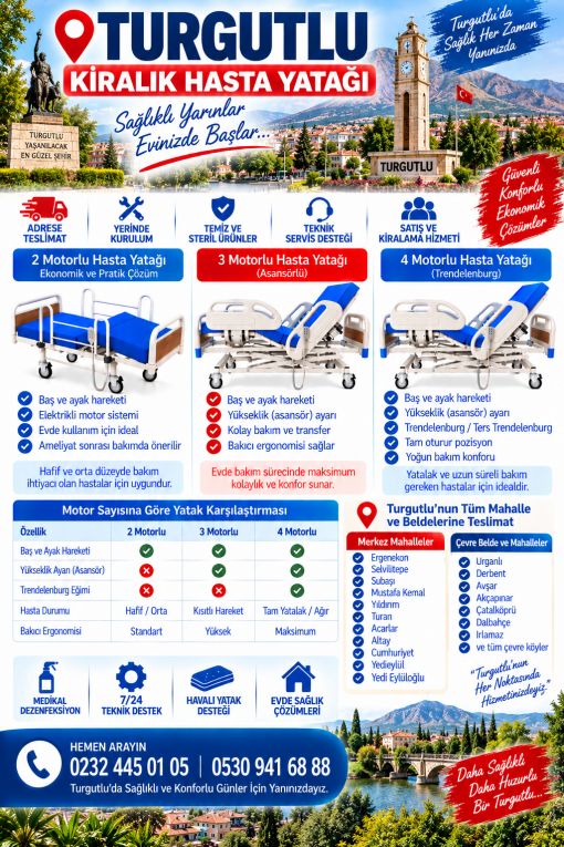 Turgutlu'da 2, 3 ve 4 motorlu kiralık hasta yatakları. Adrese hızlı teslimat, medikal dezenfeksiyon, uzman kurulum ve teknik destek imkanı.